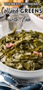 Southern style collard greens with ham pieces in a white bowl.