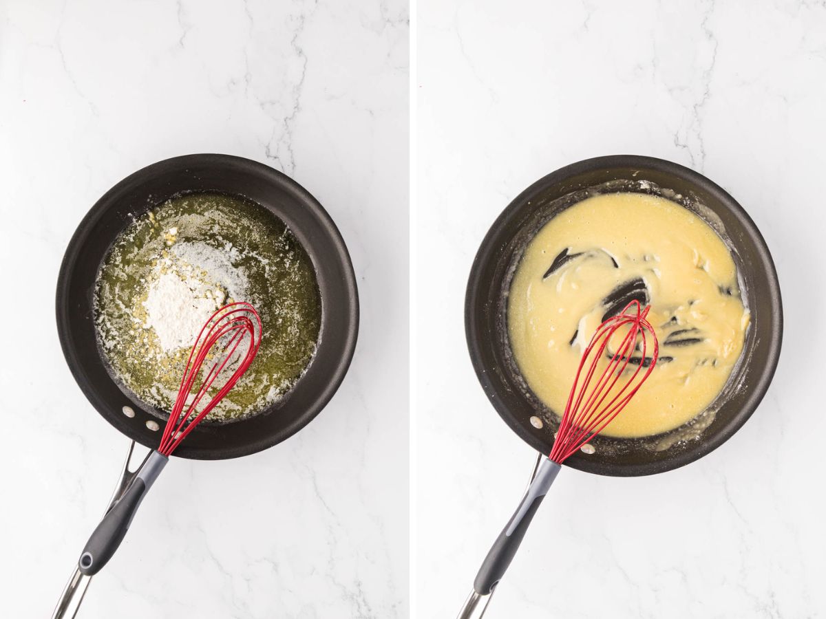 A side-by-side image of melted butter with flour added in a skillet, and then after it had been whisked into a roux.