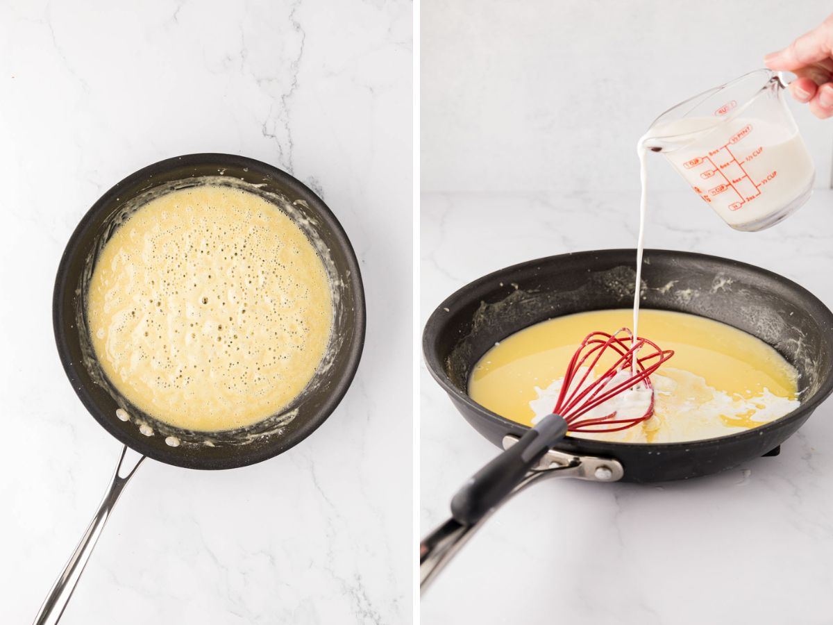 Side-by-side image of roux in a skillet and then milk being poured into the roux.