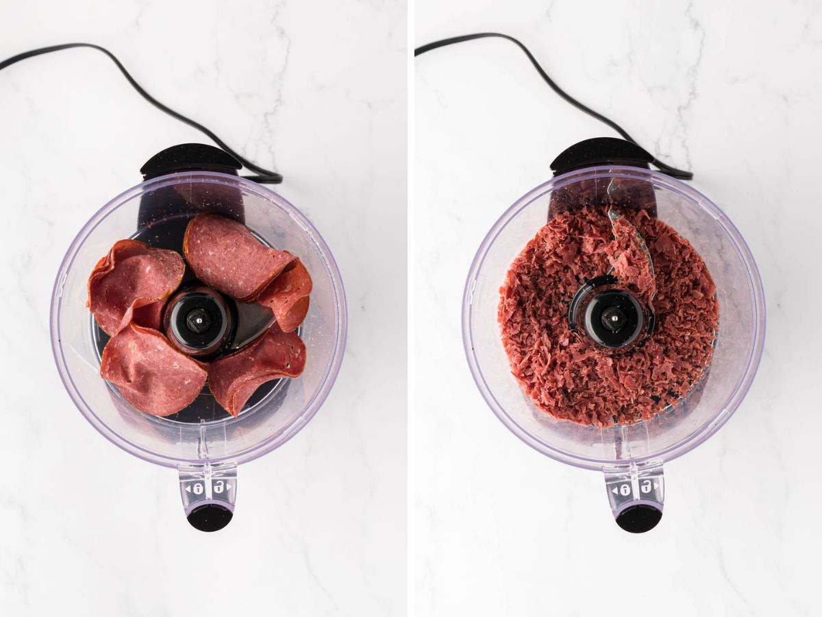 A side-by-side image of a food processor with dried beef slices added, and then after it had been pulsed and chopped.