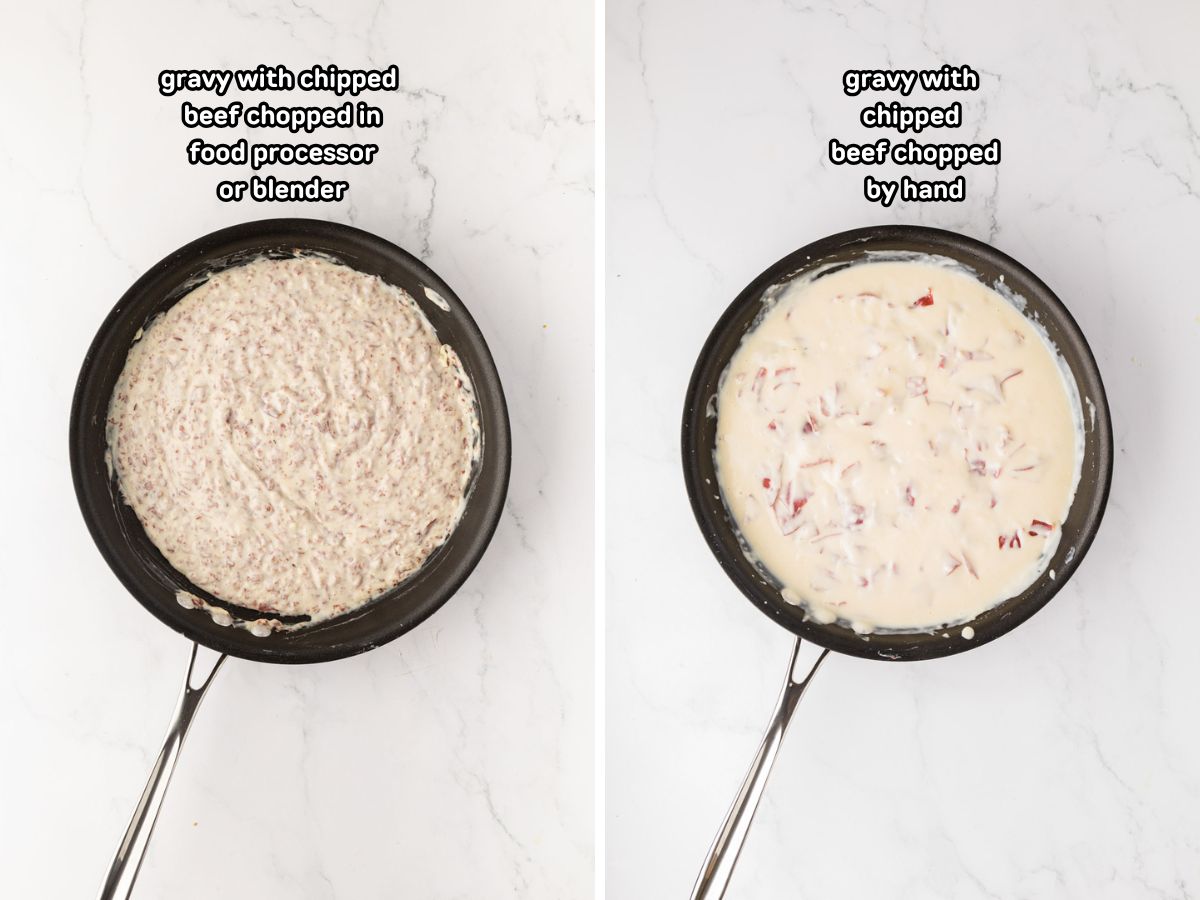 Side-by-side image showing chip beef gravy, made with the great dried beef chipped up, and the other made with it, chopped by hand.