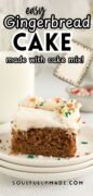 Gingerbread Cake made with cake mix is on a stack of white plates, ready too serve.