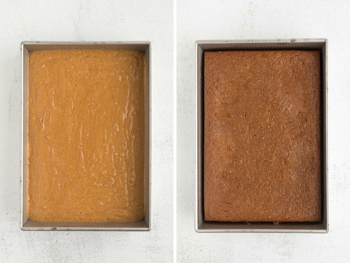 Side by side photos of cake batter in a pan and a baked gingerbread cake.