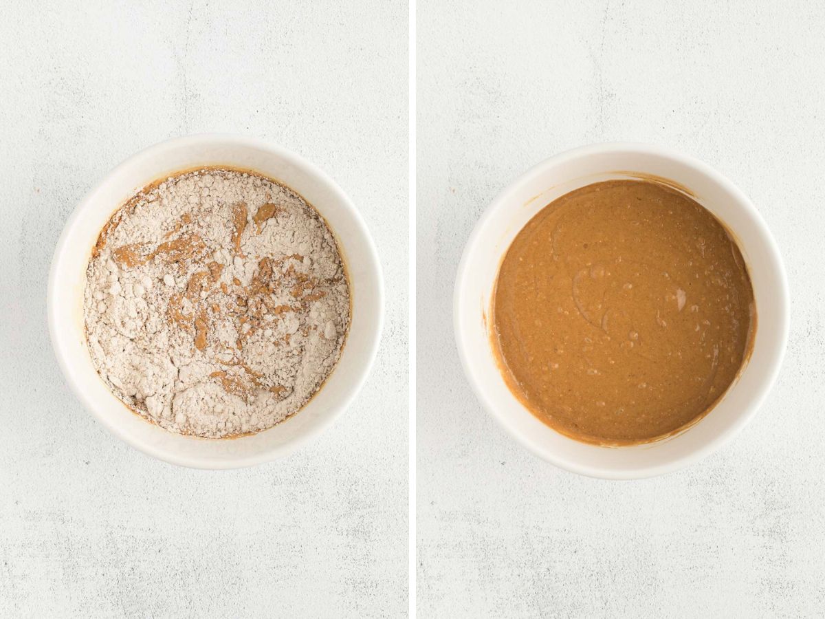 Side by side photos of mixing the gingerbread cake batter together.