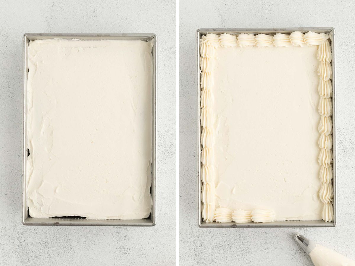 Side by side photos of frosting the gingerbread cake.