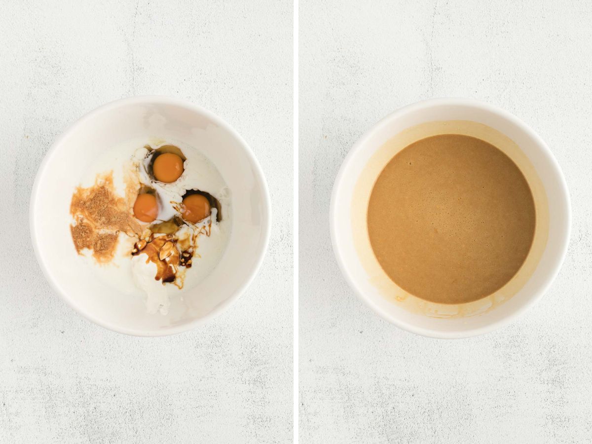 Side by side photos of starting the cake batter in a white mixing bowl.