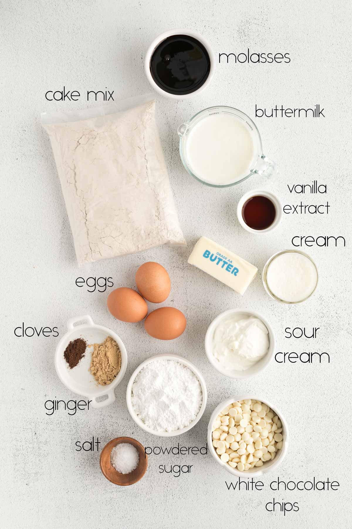 Ingredients needed to make homemade gingerbread cake.