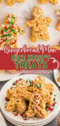 Holiday Gingerbread Rice Krispie treats are featured in a 2 image collage with icing decorations.