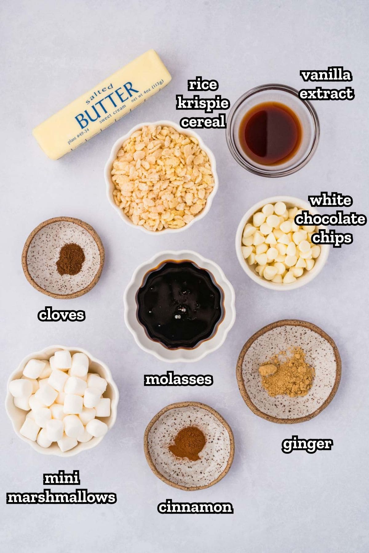 Ingredients needed for gingerbread rice krispie treats.