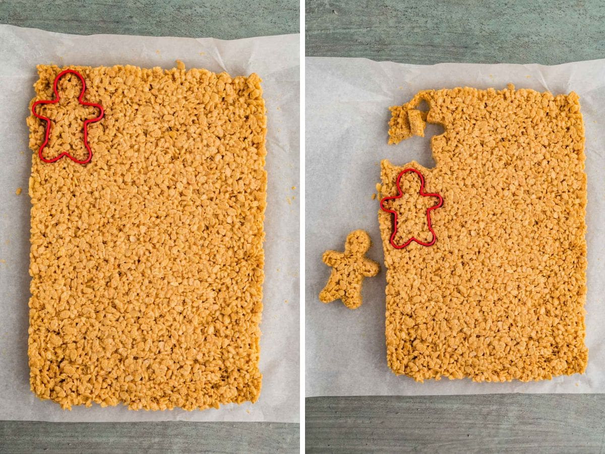 Using a cookie cutter to cut out gingerbread shapes in the rice krispie mixture.