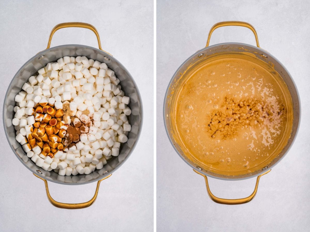 Side by side photos melting the marshmallow mixture in a pot.