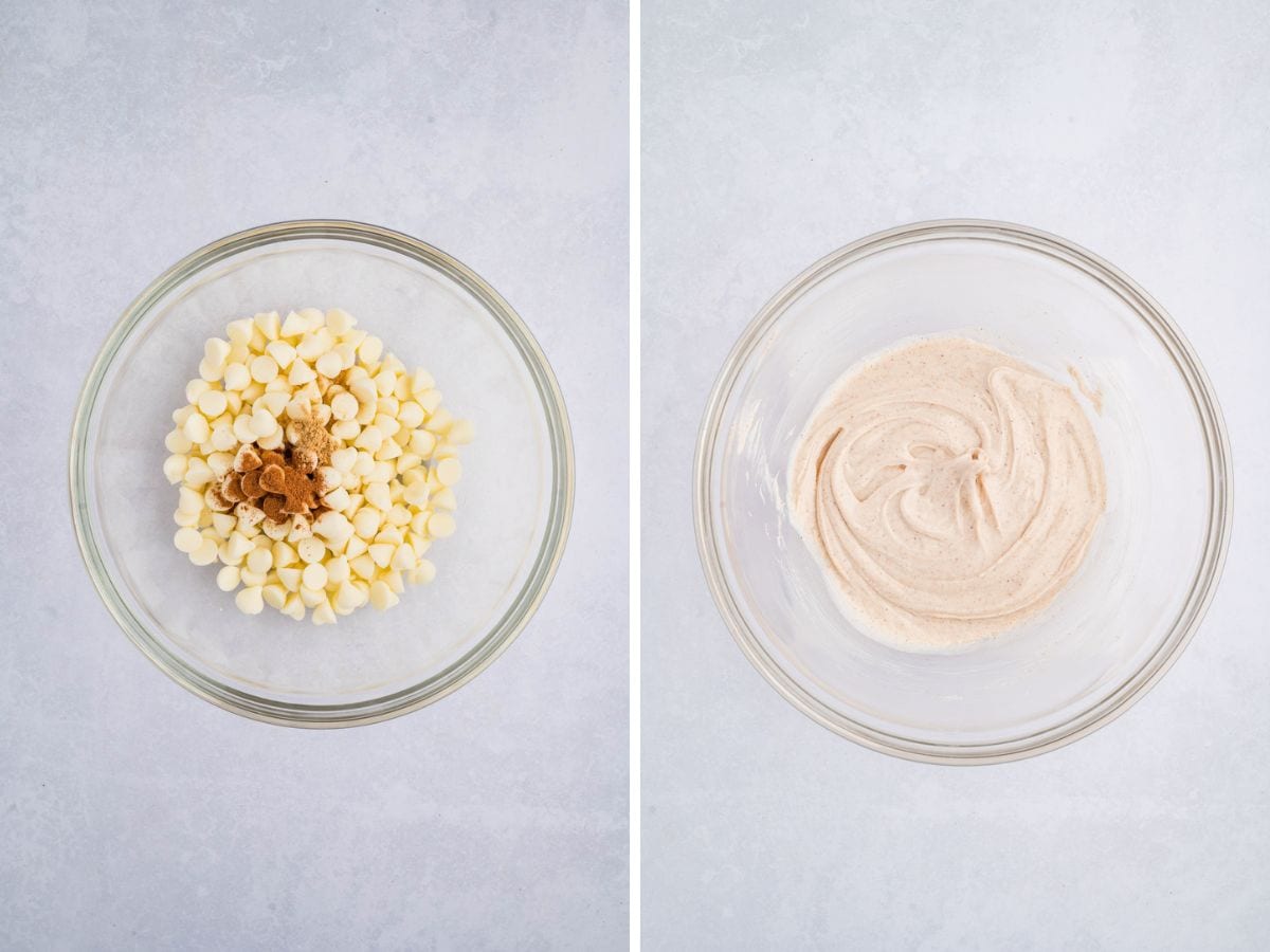 Side by side photos of melted white chocolate with spices.