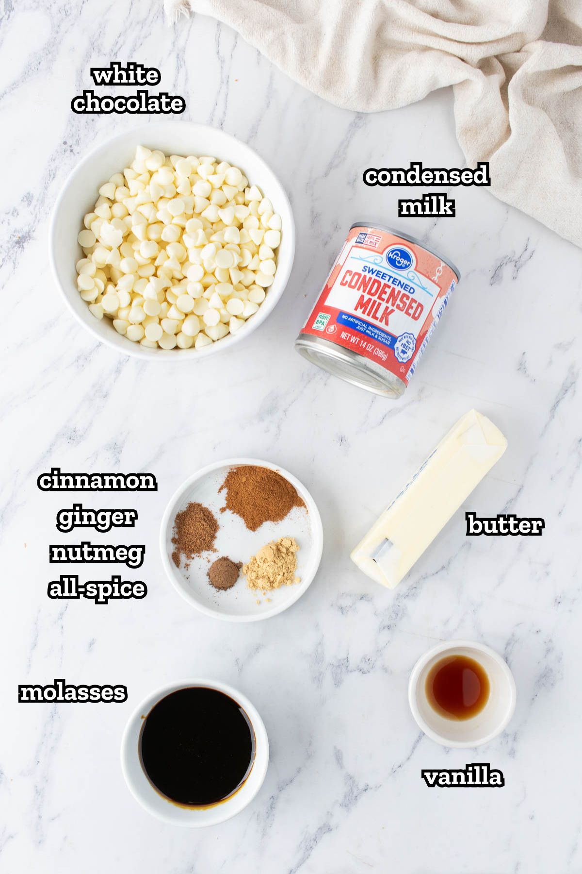 Labeled photo of ingredients needed to make gingerbread swirl fudge.