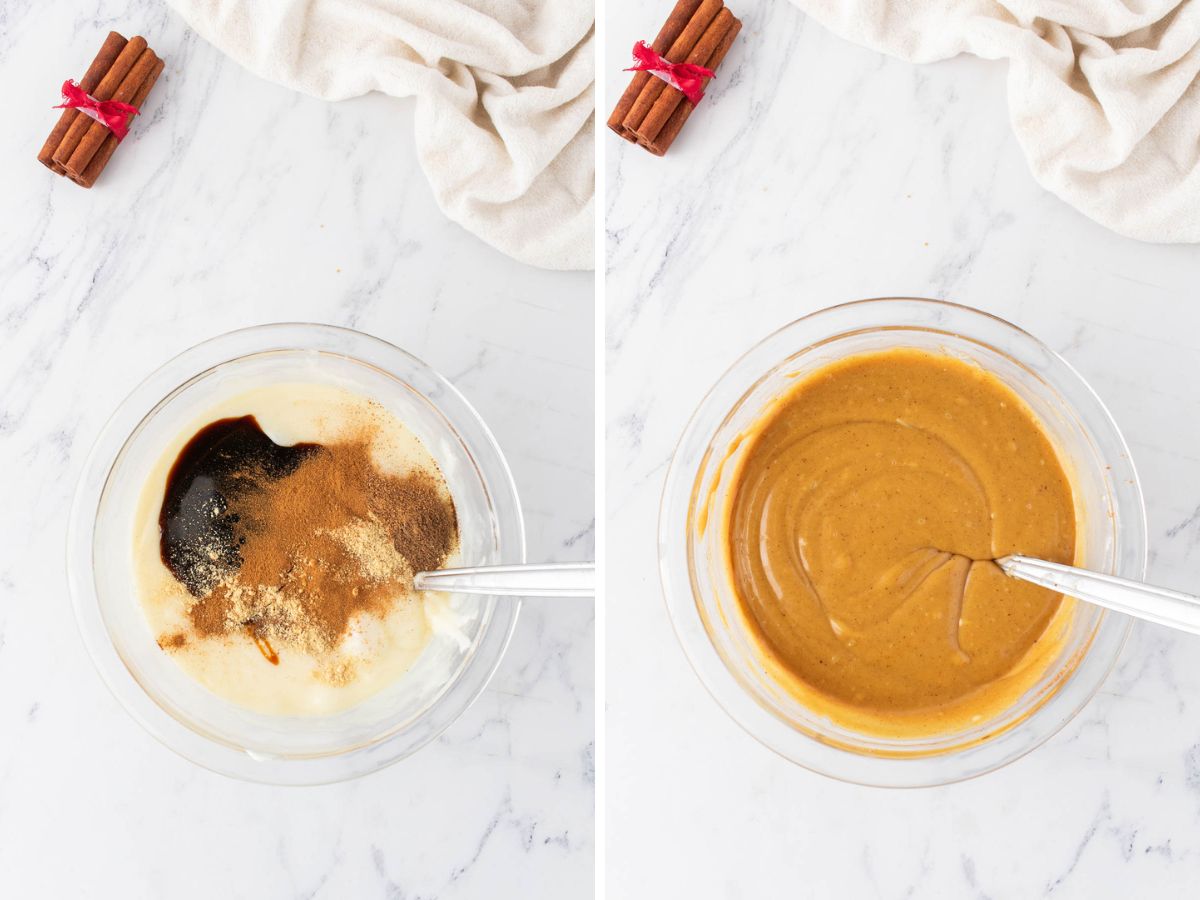 Side by side photos of combining spices with the fudge mixture in a mixing bowl.