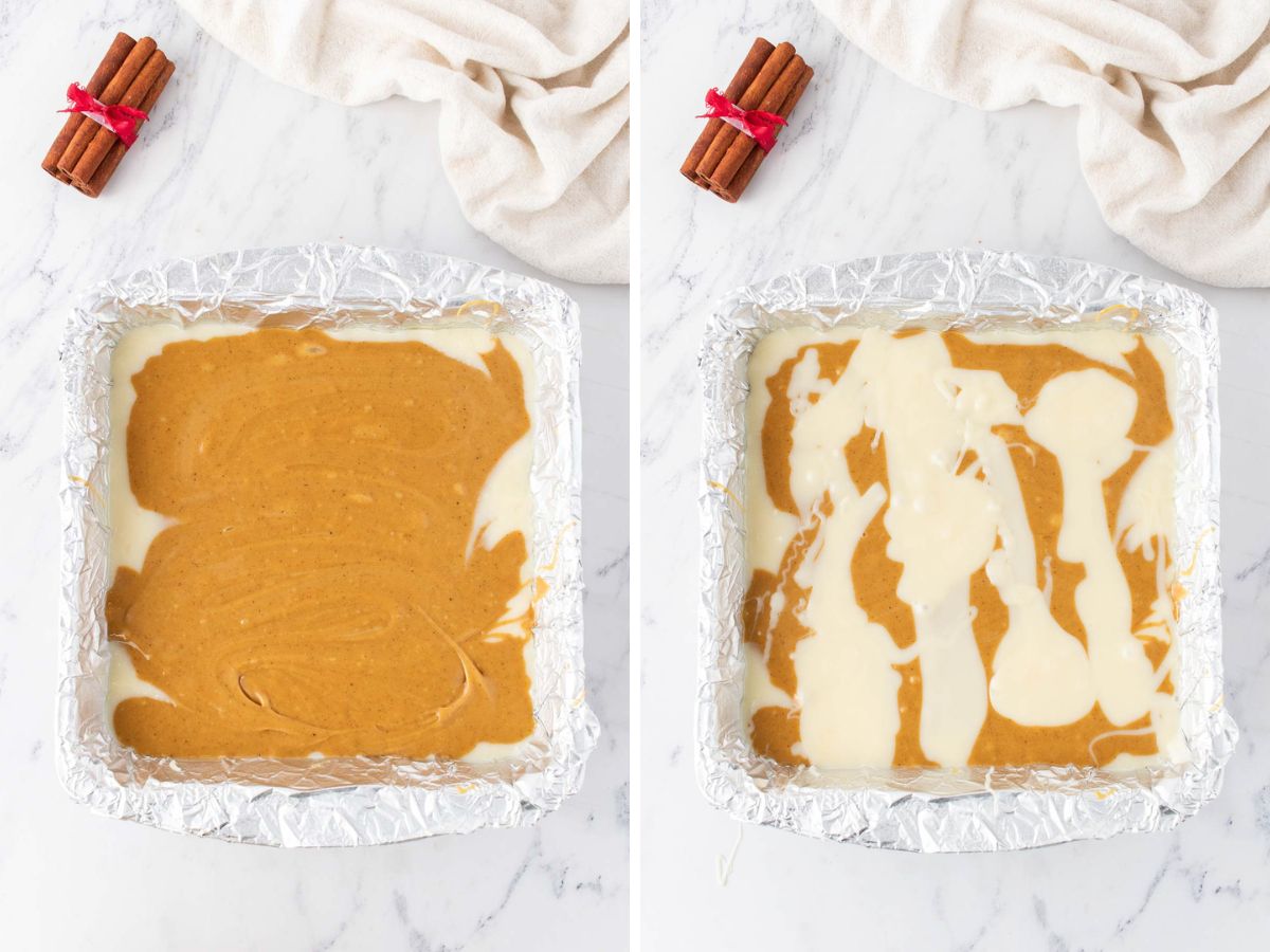 Side by side photos of combining the two fudge flavors and swirling.