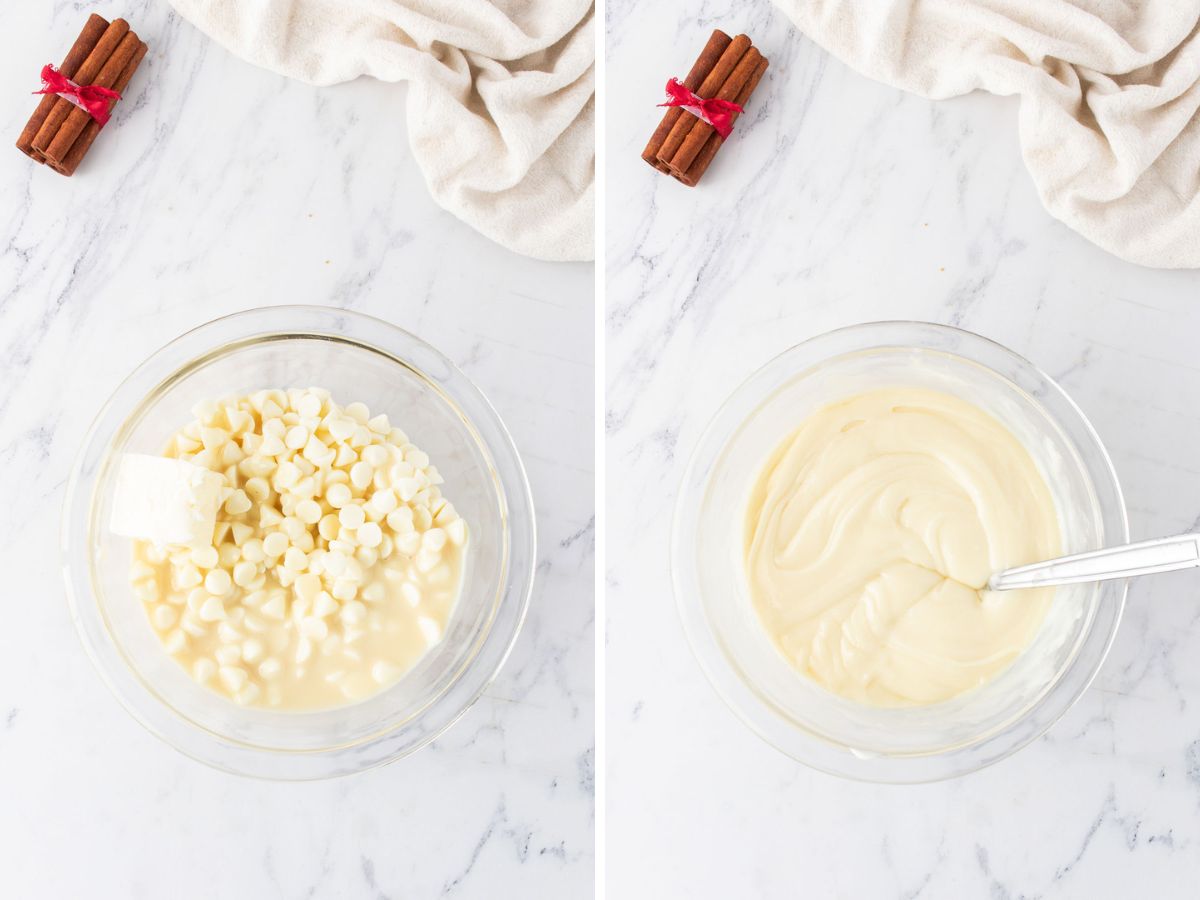 Side by side photos of melting the white chocolate fudge mixture together.