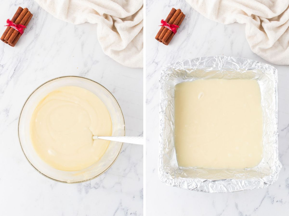 Side by side photos of the white chocolate fudge in a mixing bowl and then poured into a baking dish lined with foil.