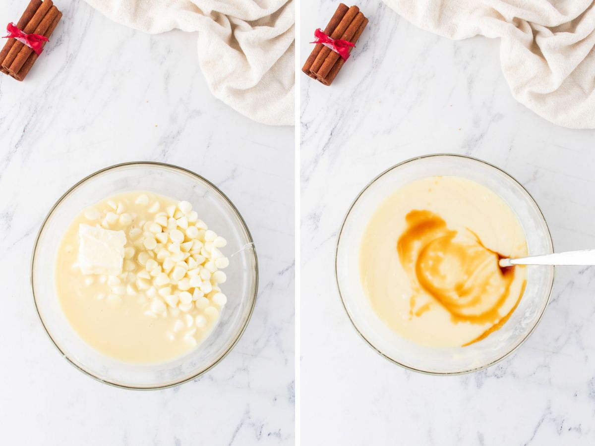 Making the vanilla fudge layer in side by side photos.