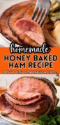 Homemade Honey Baked Ham Recipe image with the glaze dripping down the partially sliced ham.