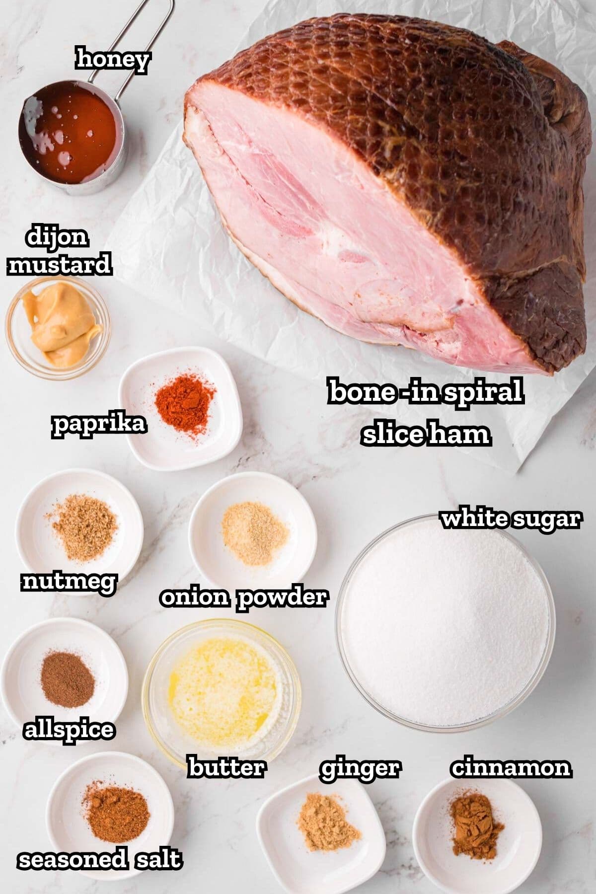 A labeled image of ingredients needed to make a copycat honey baked ham.