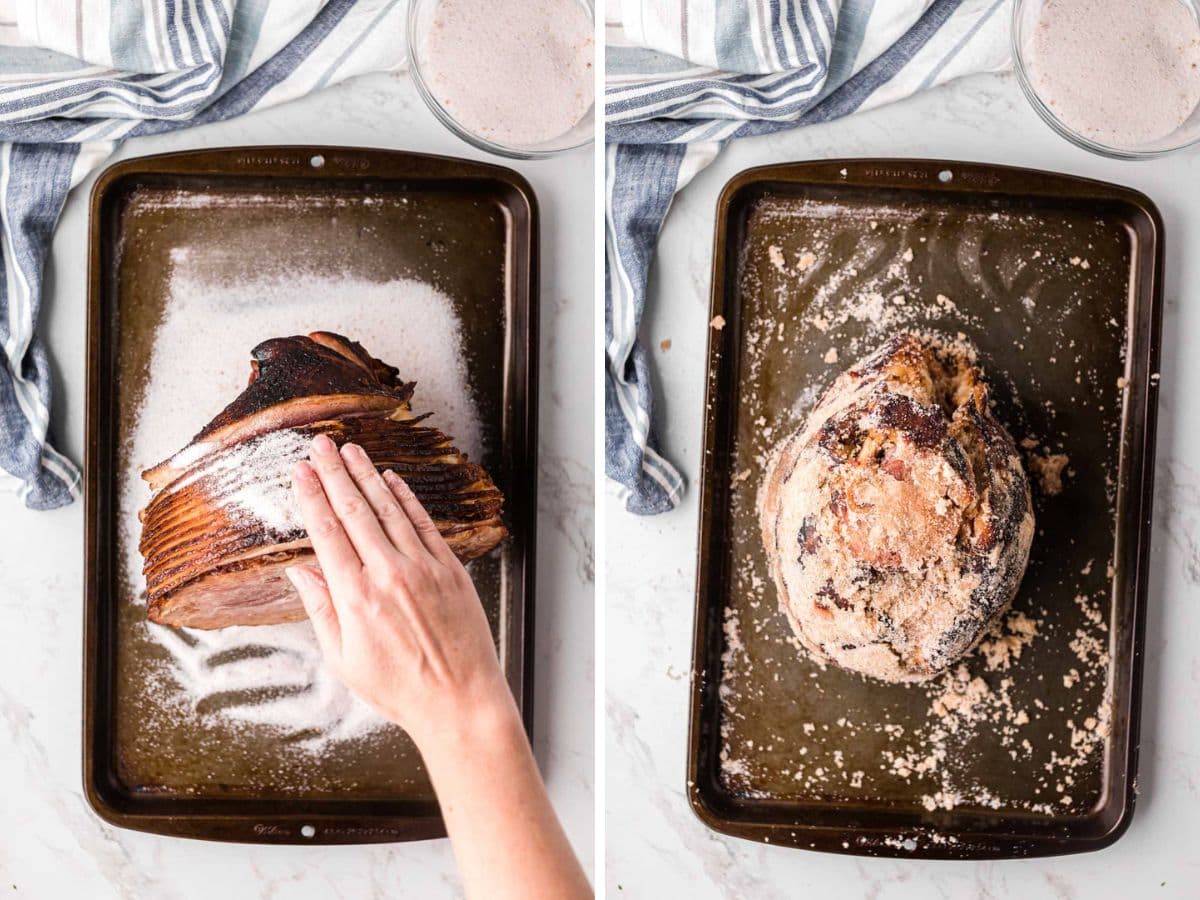 A side-by-side image of a sheet pan with a spiral cooked ham, adding the sugar rub by hand.