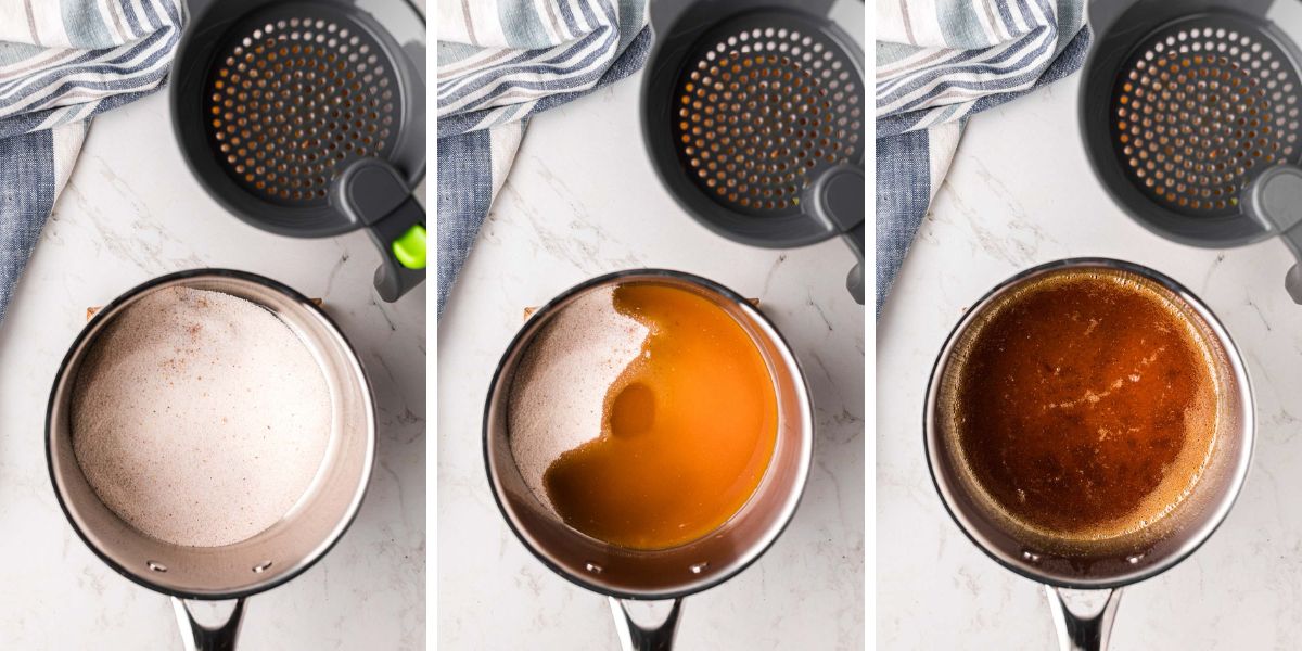 A three side-by-side image with a saucepan and a sugar and spice mixture added then some ham added and stirred to combine.