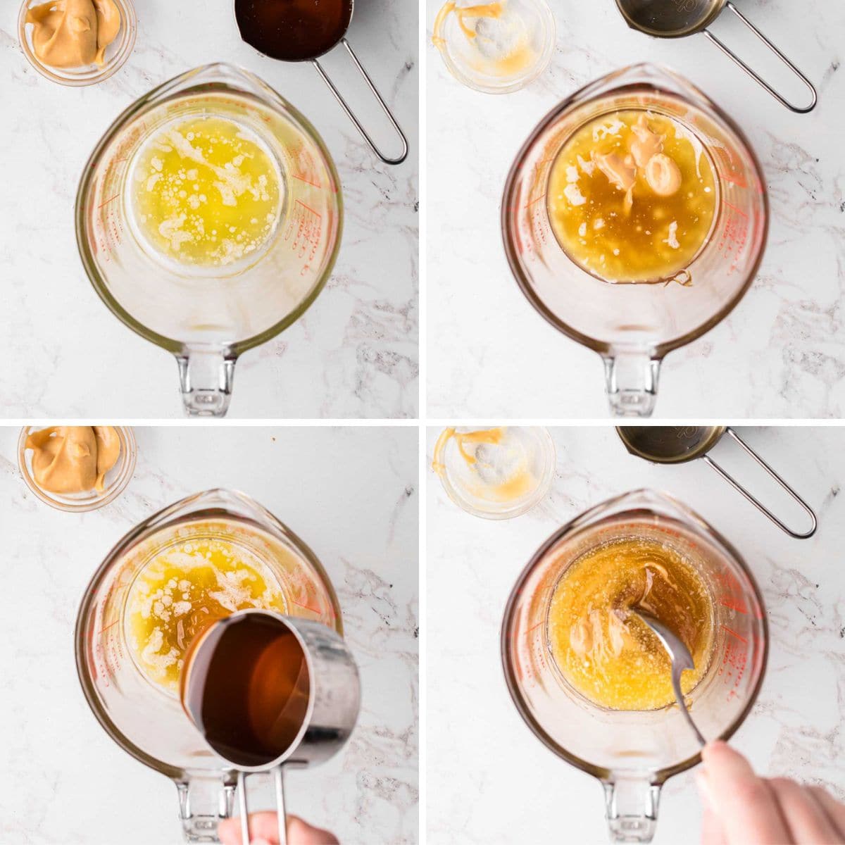 A four collage image showing a measuring cup, adding the honey glaze ingredients in to the measuring cup and then stirring it together.