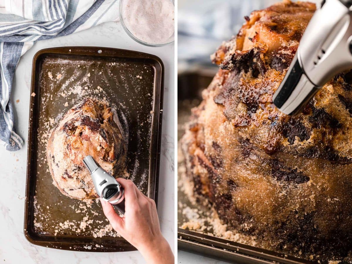 A side-by-side image on a ham covered in a sugar dry rub with a kitchen torch, and then a close-up of the torch caramelizing the sugar.