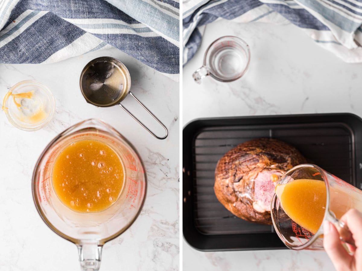 A side-by-side collage image of the measuring cup with the honey glaze in it, and then pouring  the glaze over the ham in the roasting pan.