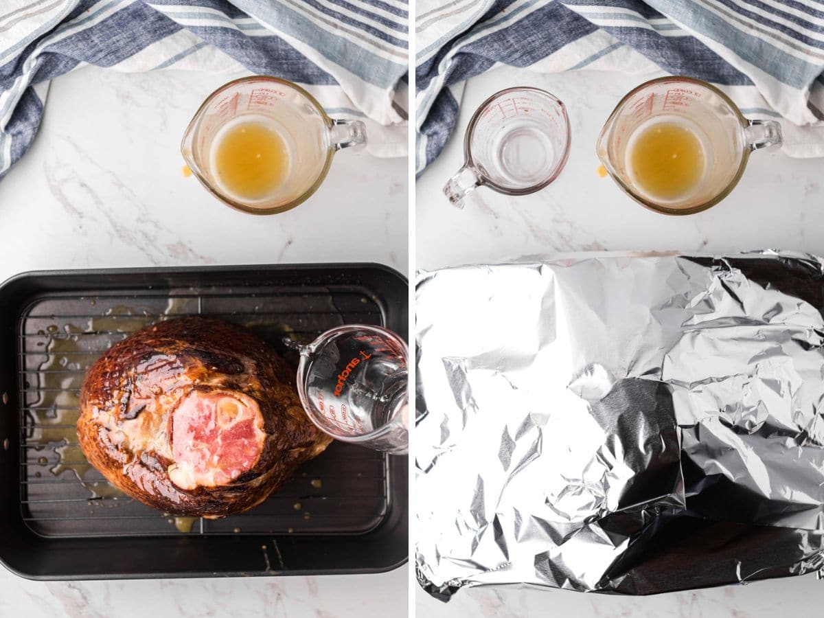 A side-by-side image of a spiral ham in a roasting pan with water being poured in and then covered with foil.