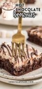 Hot Chocolate Brownies image with a gold fork inserted in the brownies.