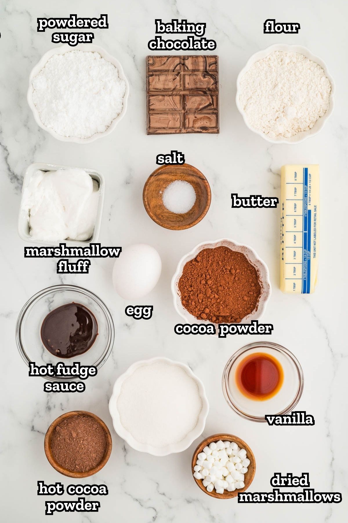 Ingredients needed for hot chocolate brownies.