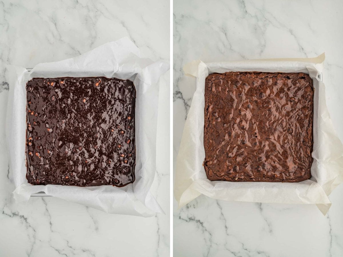 Side by side photos of before and after baking the hot chocolate brownies.