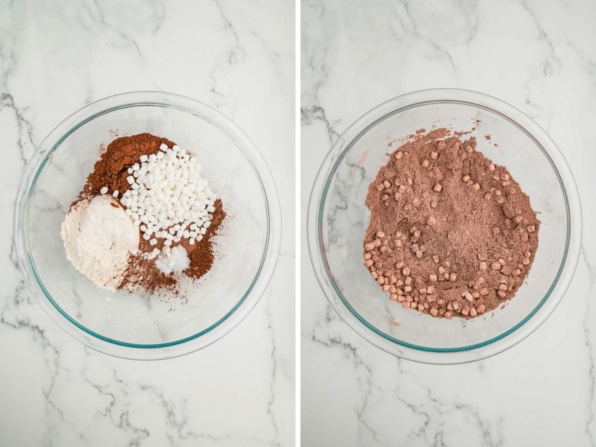 Side by side photos of dry ingredients in a mixing bowl for hot chocolate brownies.