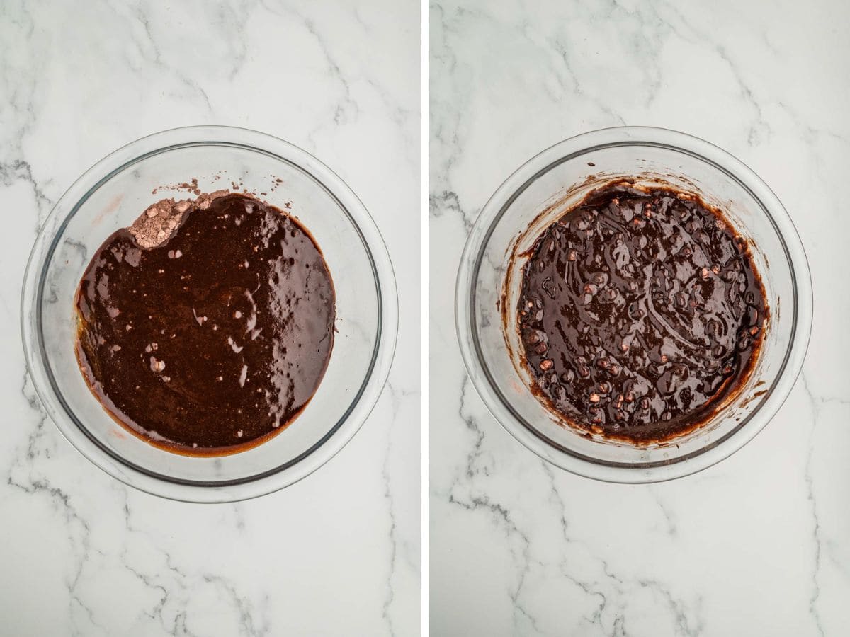 Hot chocolate brownie batter being mixed together in a mixing bowl.