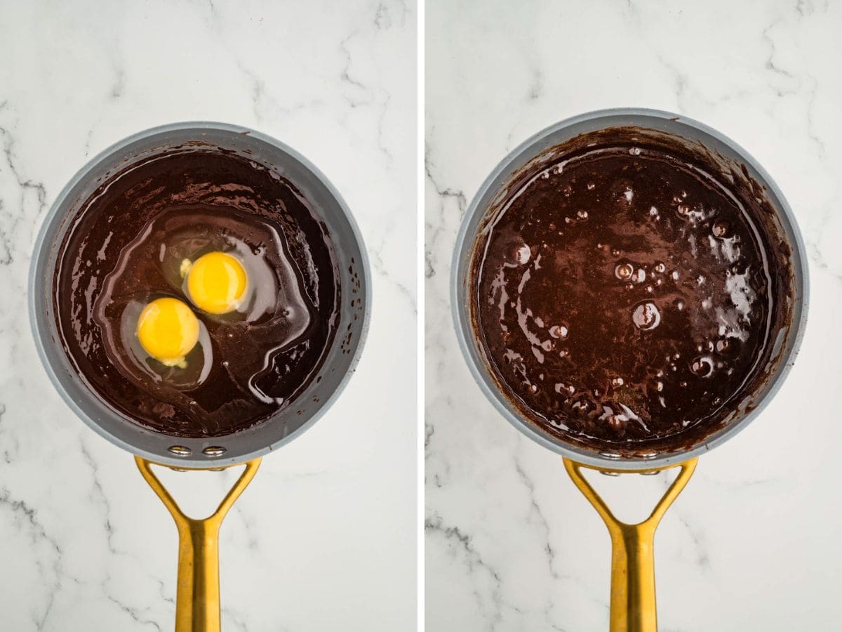 Eggs being added to melted chocolate in a saucepan.