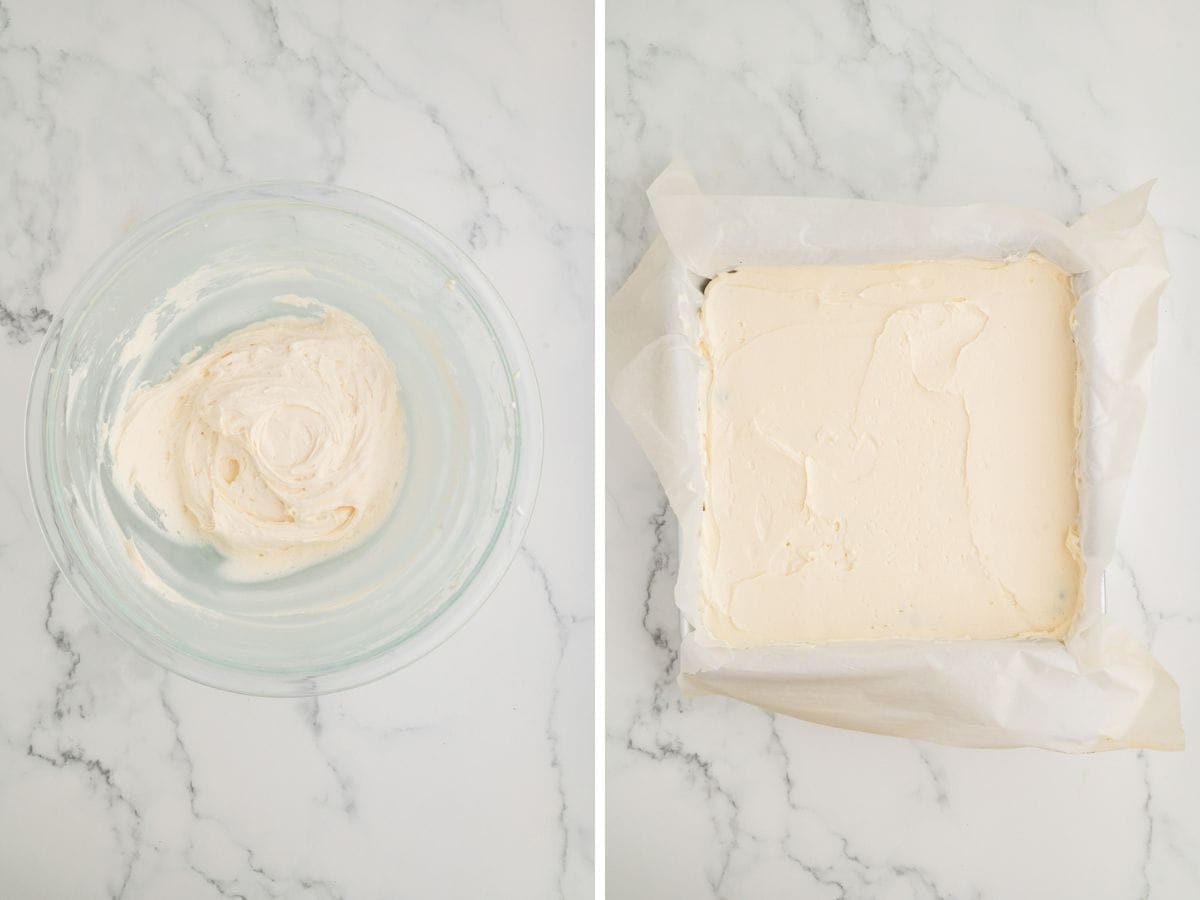 Side by side photos of brownie frosting in a bowl and then being spread on top of the brownies.