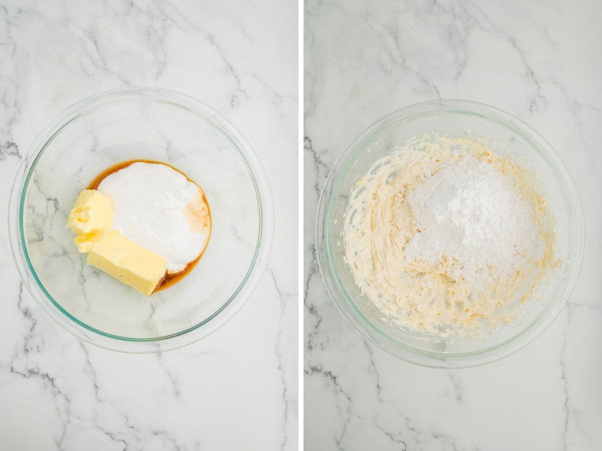 Side by side photos of mixing together the marshmallow frosting in a mixing bowl.