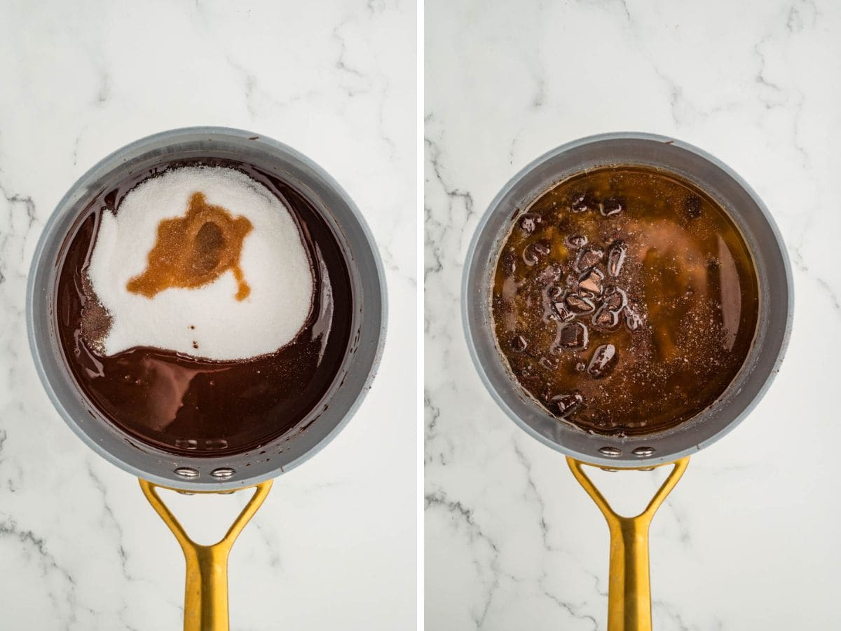 Melting together the chocolate and sugar in a saucepan.