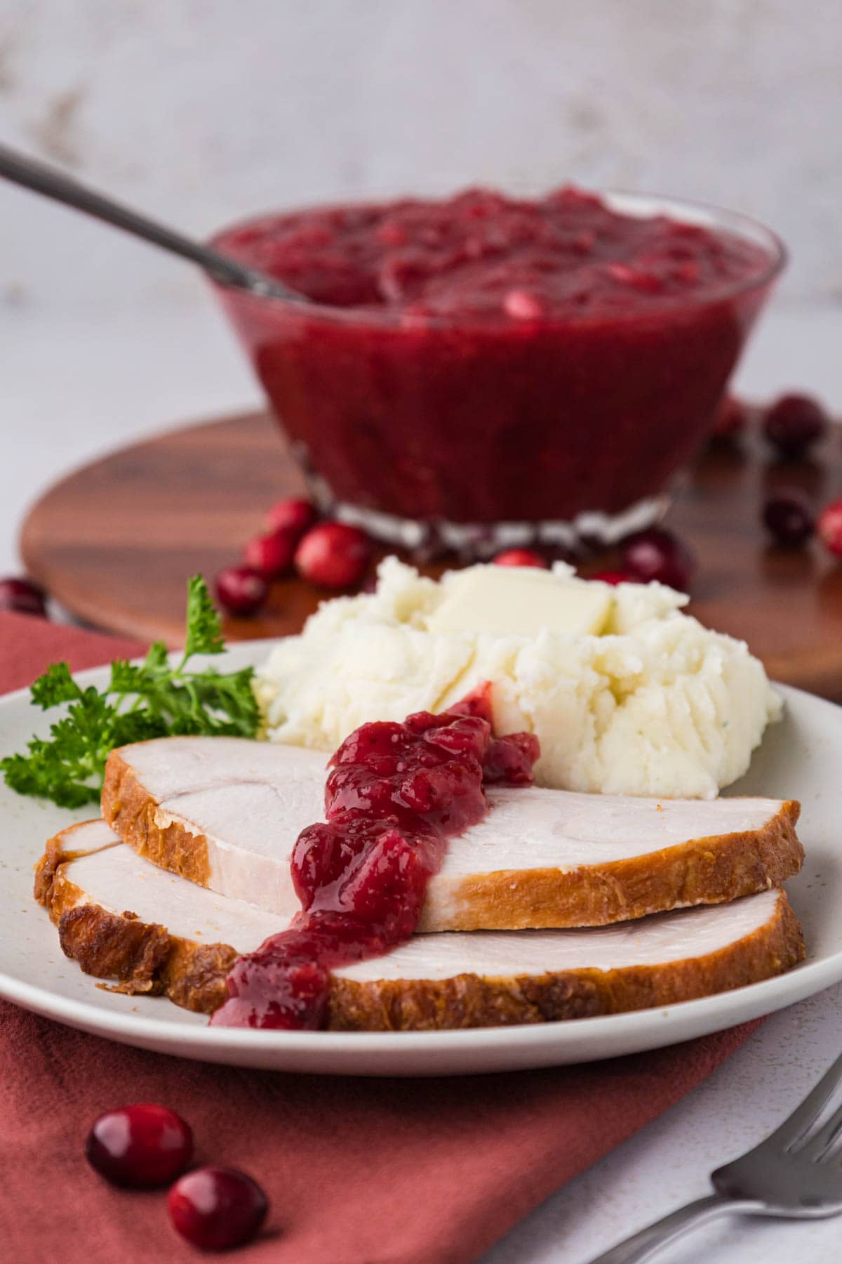 A plate of sliced turkey drizzle with cranberry sauce and mashed potatoes.