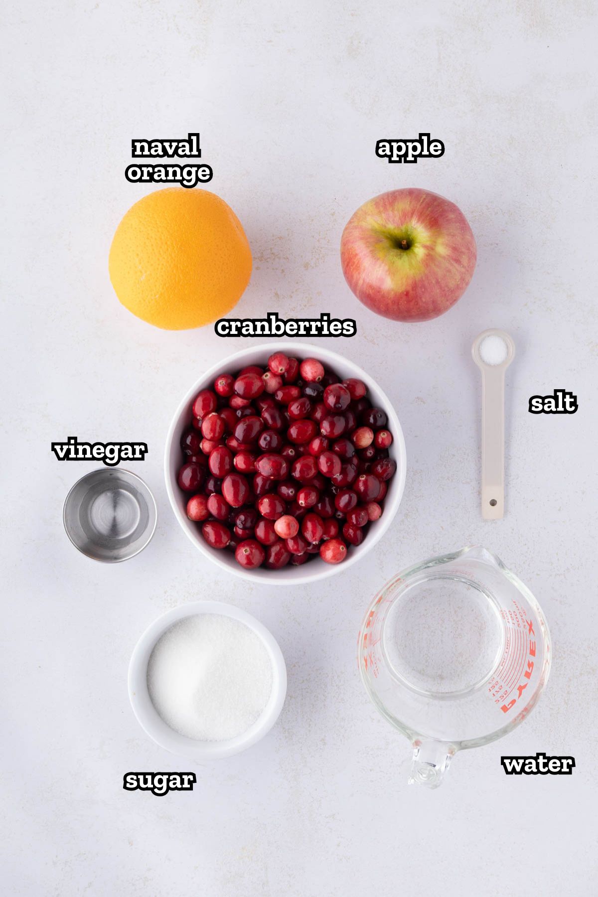 A labeled image of ingredients needed to make instant pot cranberry sauce.