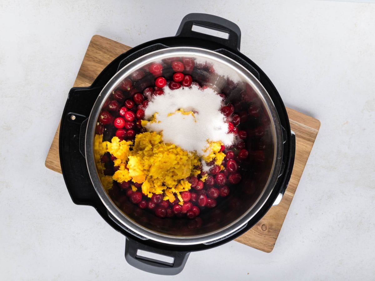 Cranberry sugar, orange water, and salt, added to the instant pot.