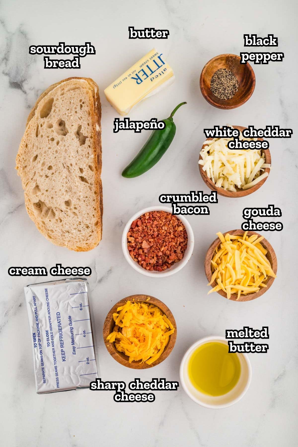 Labeled photo of ingredients needed to make a jalapeno popper grilled cheese.