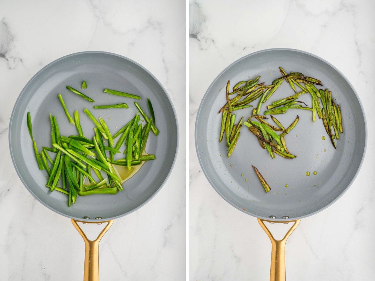 Side by side photos of searing the slices of jalapeño in a skillet.