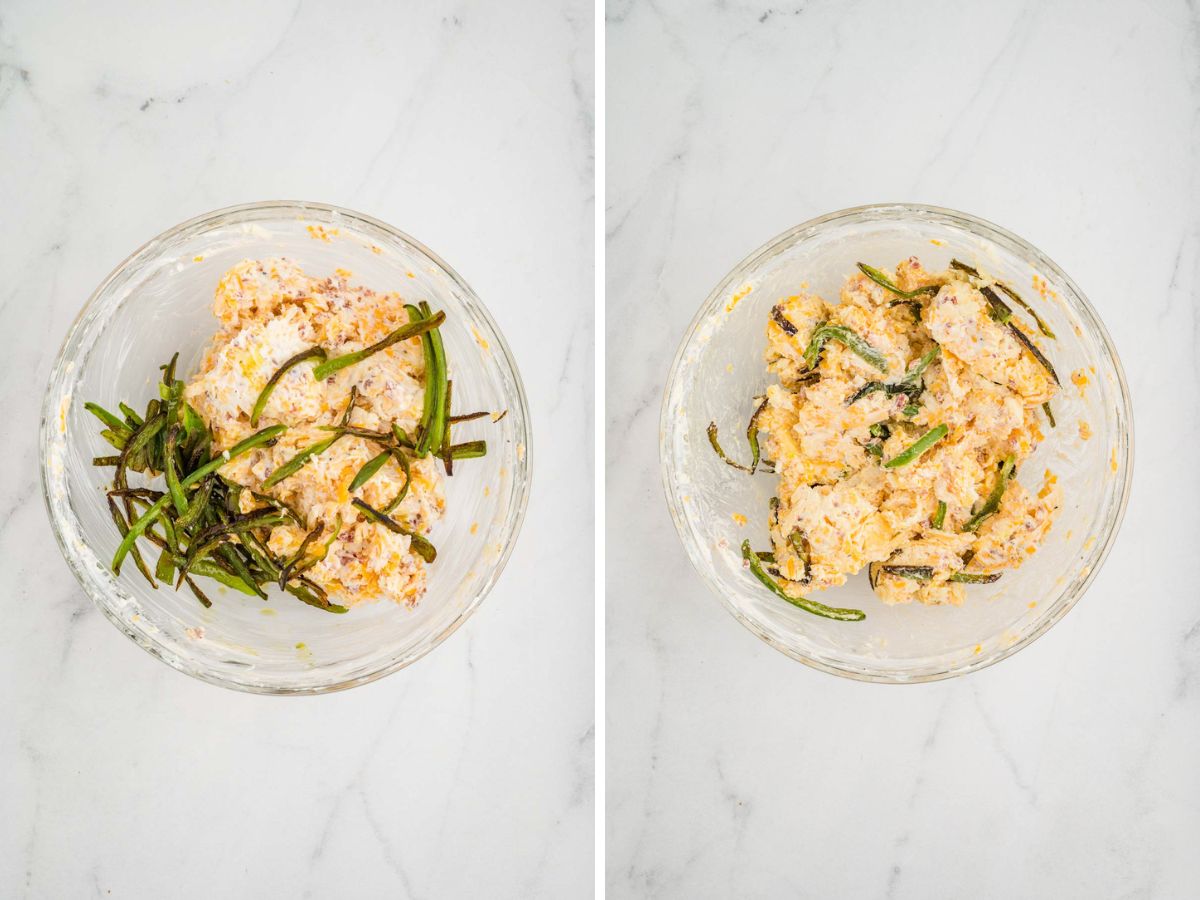 Side by side photos of combining the cream cheese mixture with sliced seared jalapenos.