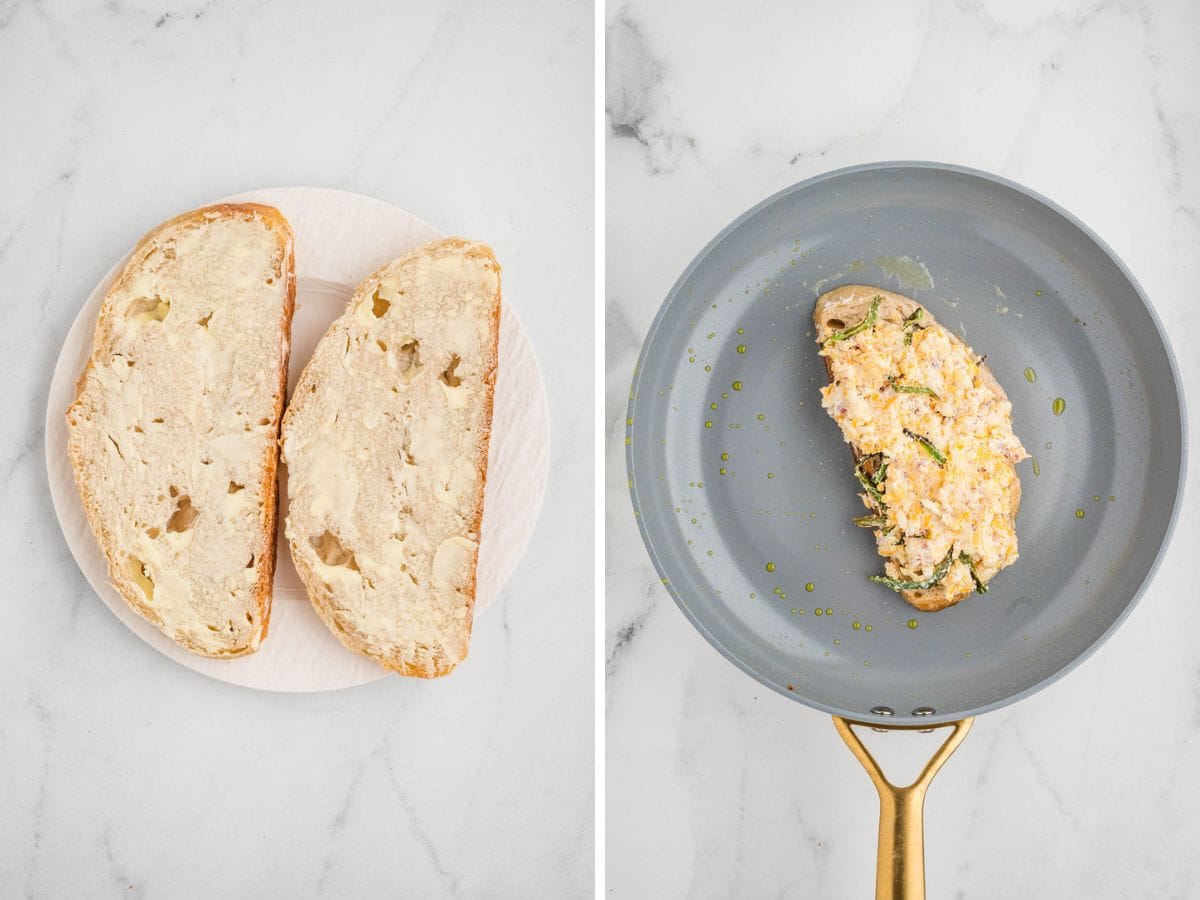 Side by side photos of assembling the jalapeño popper grilled cheese in a pan.