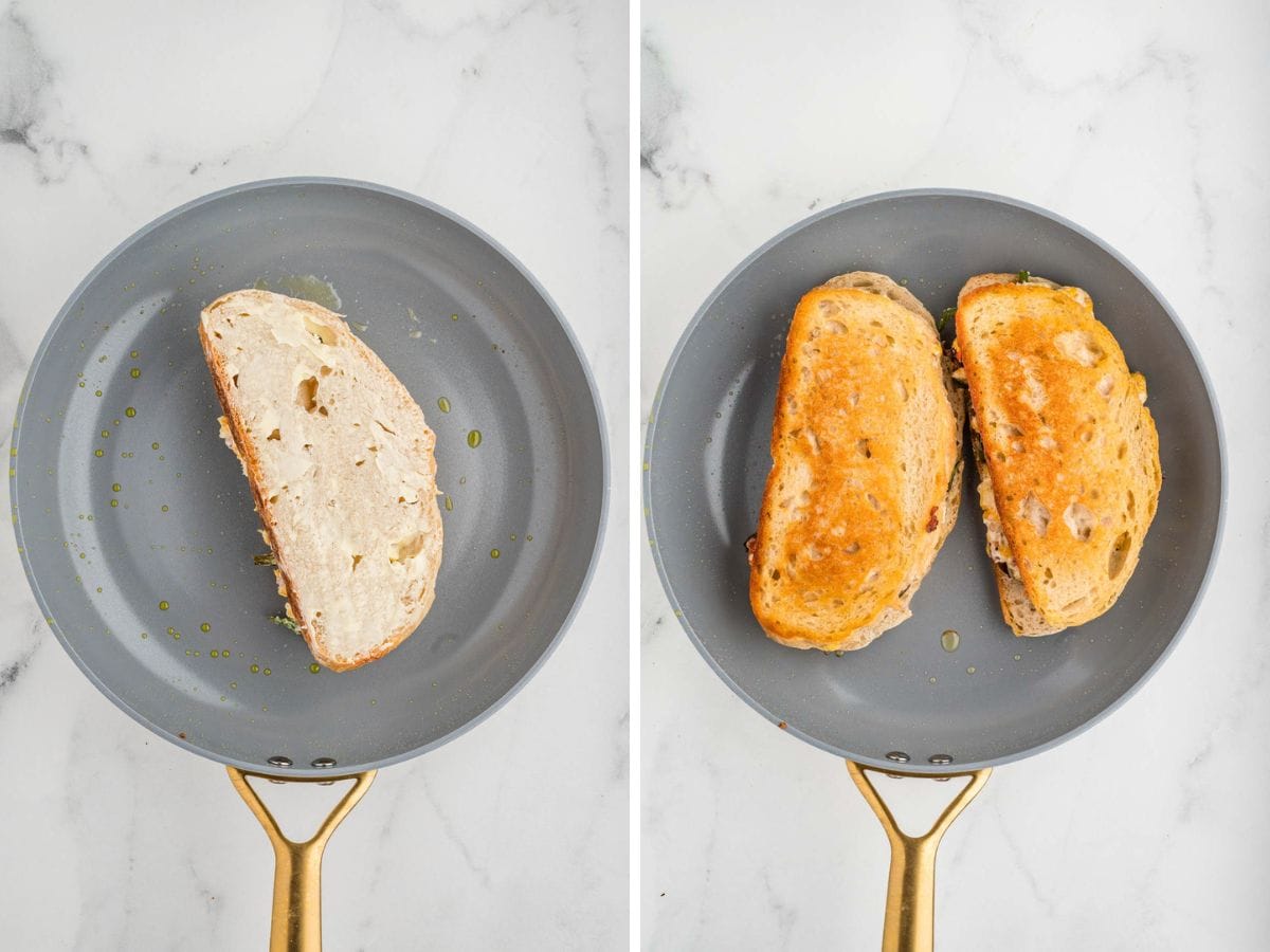 Side by side photos of toasting the grilled cheese on both sides in a pan.