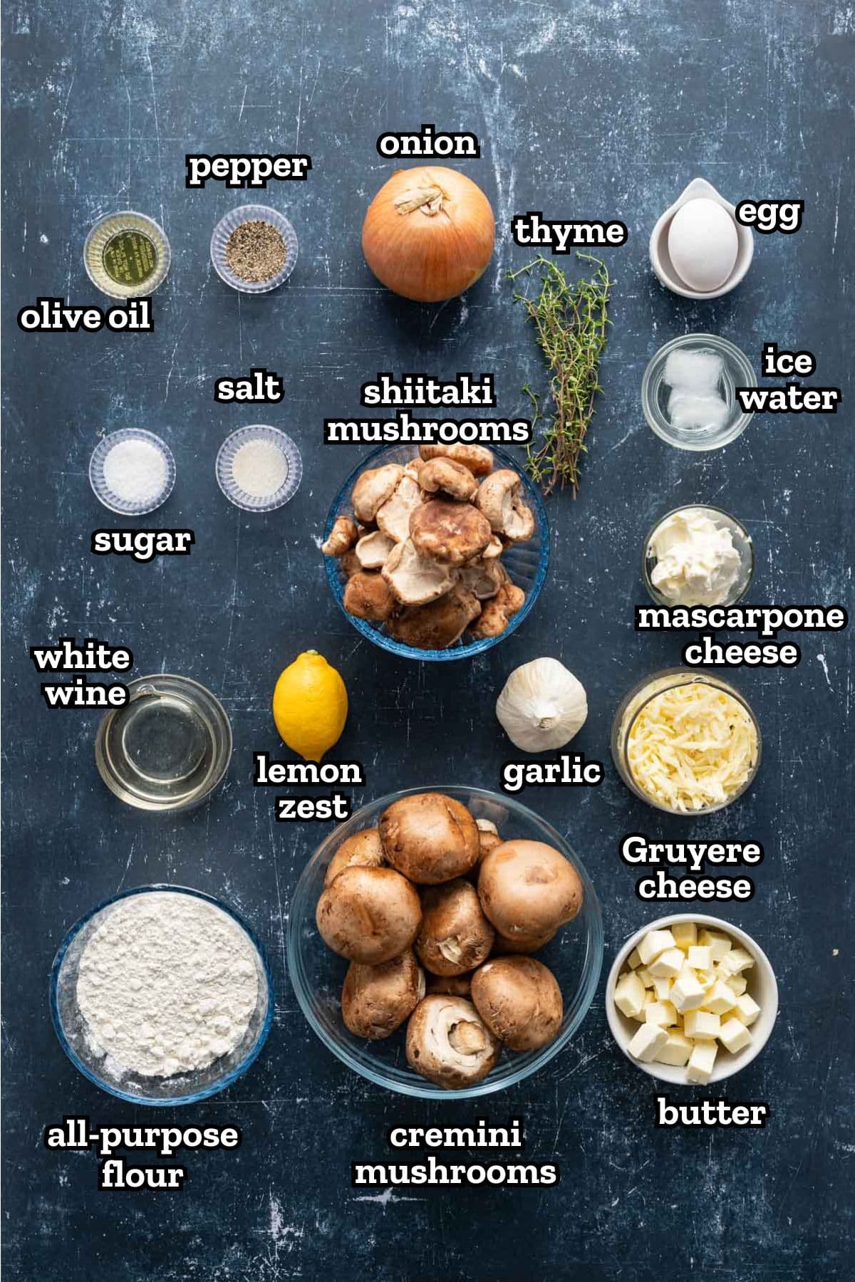 Ingredients needed to make a mushroom galette.