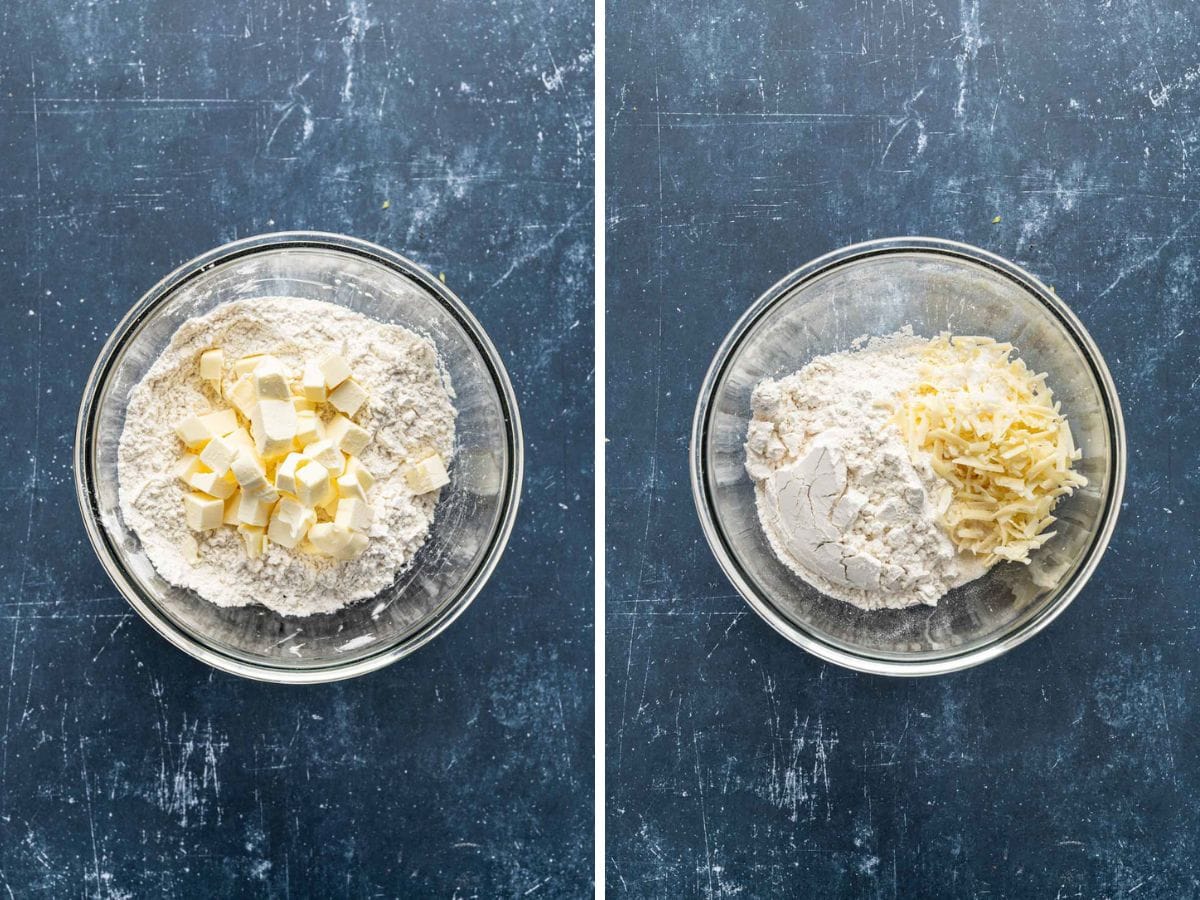 Side by side photos of combining the pastry ingredients in a mixing bowl.