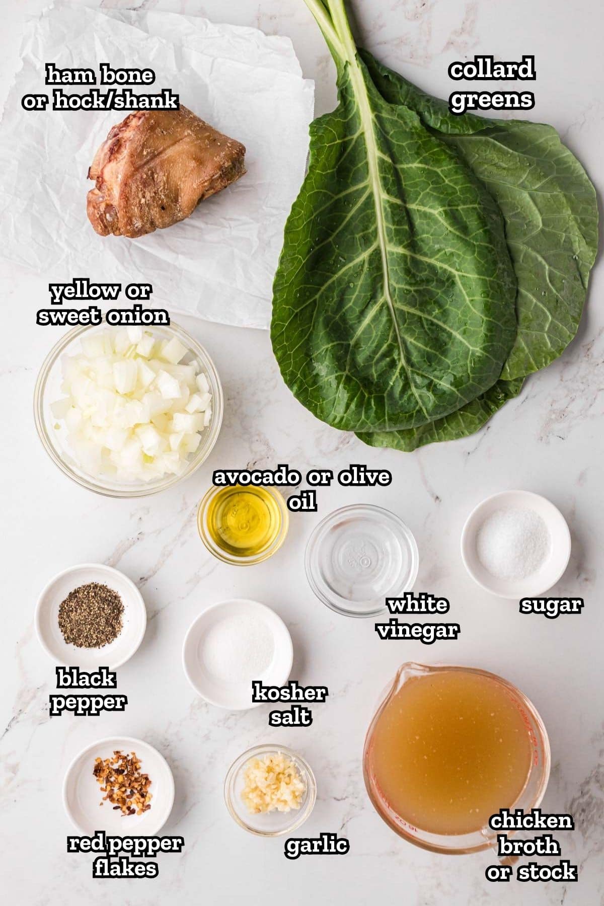 Labeled ingredients needed to make southern collard greens.